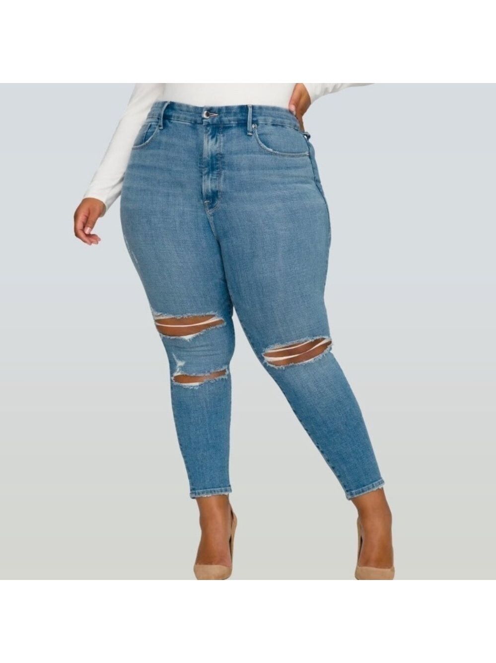 GOOD American Good Legs High Waisted Distressed Cropped Skinny Jeans In Blue 617